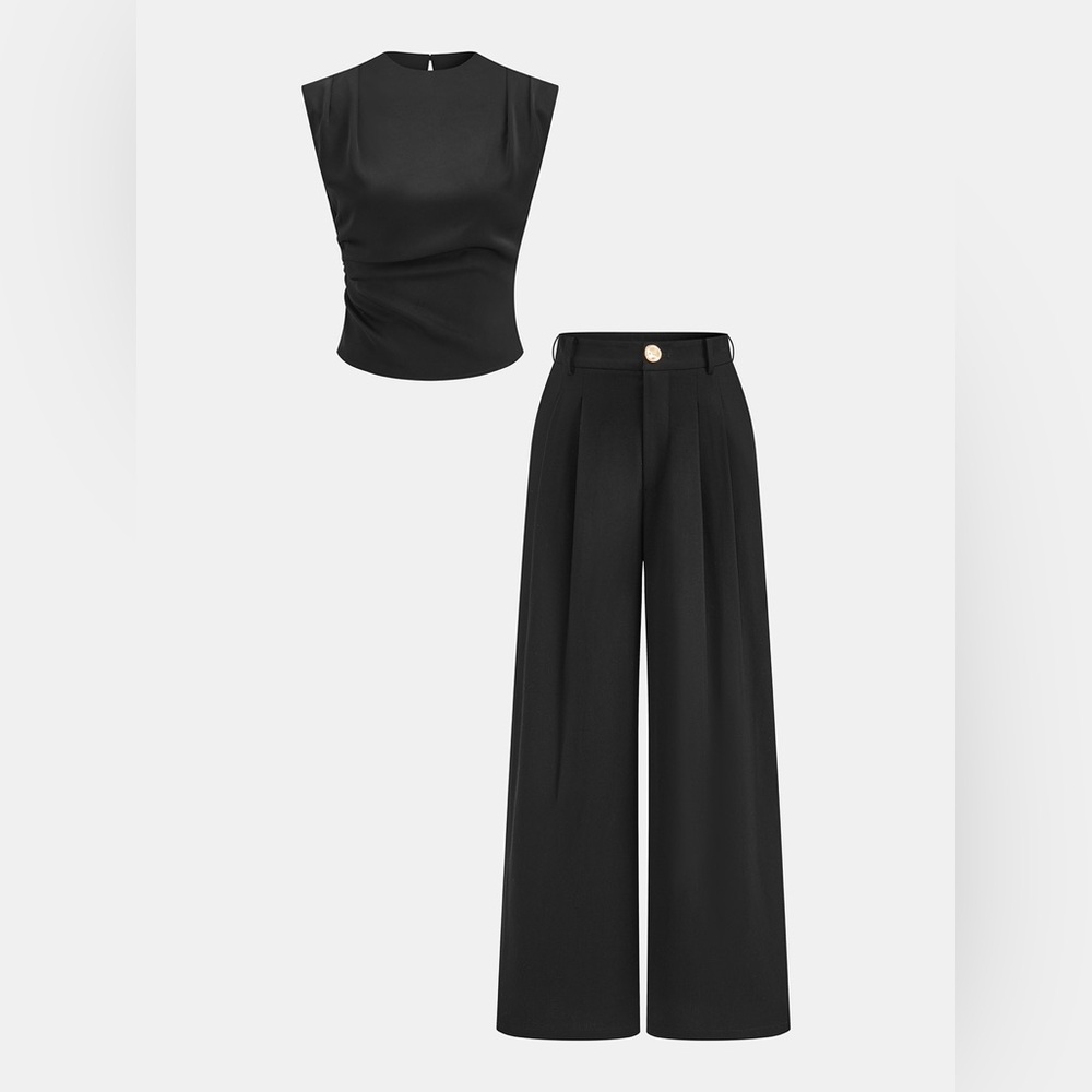 Commense Sleeveless Ruched Top 
& Pleated Pants Set